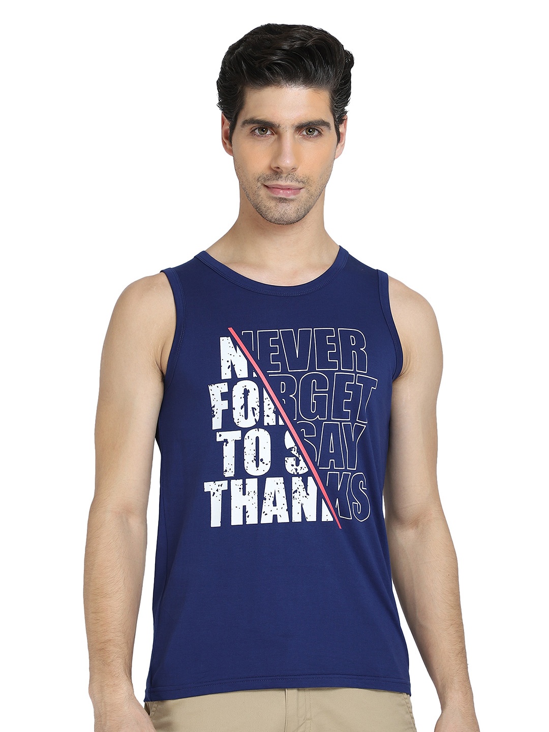 

DYCA Men Blue Typography Printed Sleeveless Cotton T-shirt, Navy blue