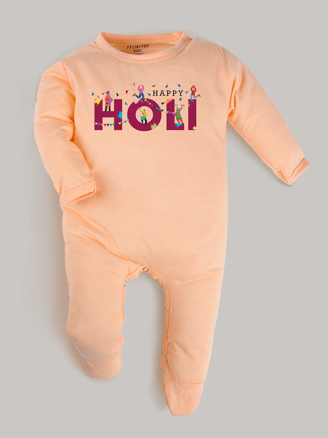

FFLIRTYGO Kids Holi Printed Pure Cotton Sleepsuit, Peach