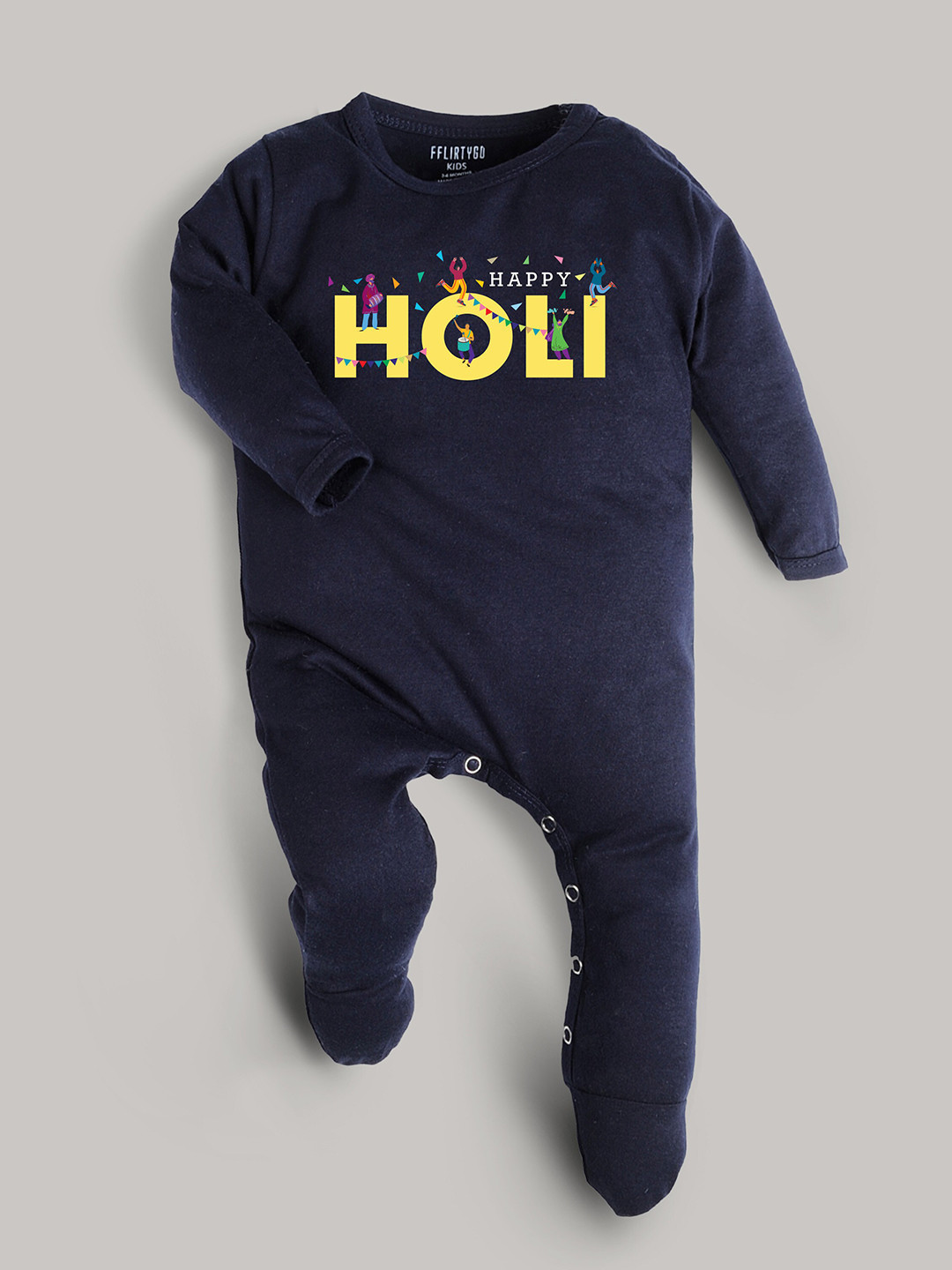 

FFLIRTYGO Infants Holi Printed Pure Cotton Sleepsuit, Navy blue