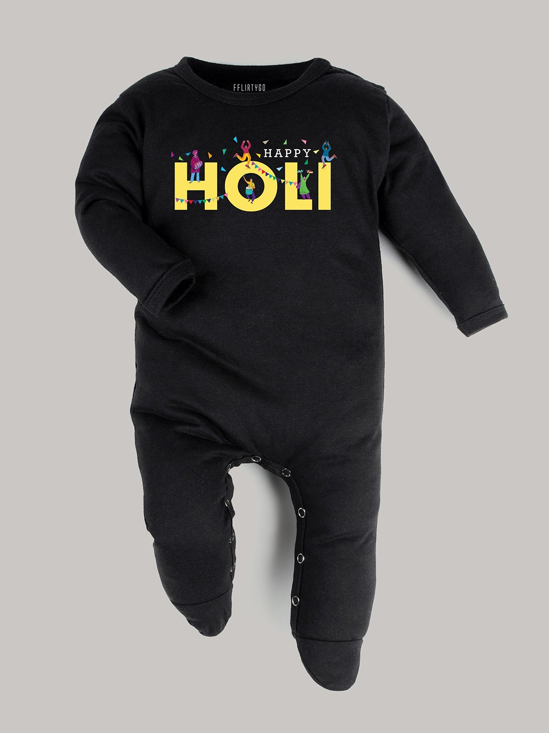 

FFLIRTYGO Infants Holi Printed Pure Cotton Rompers, Black