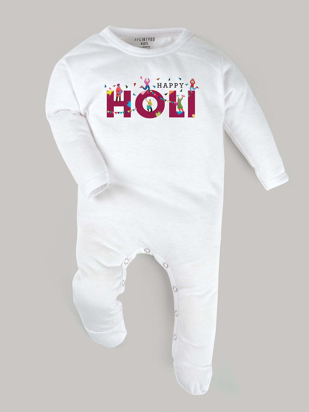 

FFLIRTYGO Infants Holi Printed Pure Cotton Rompers, White