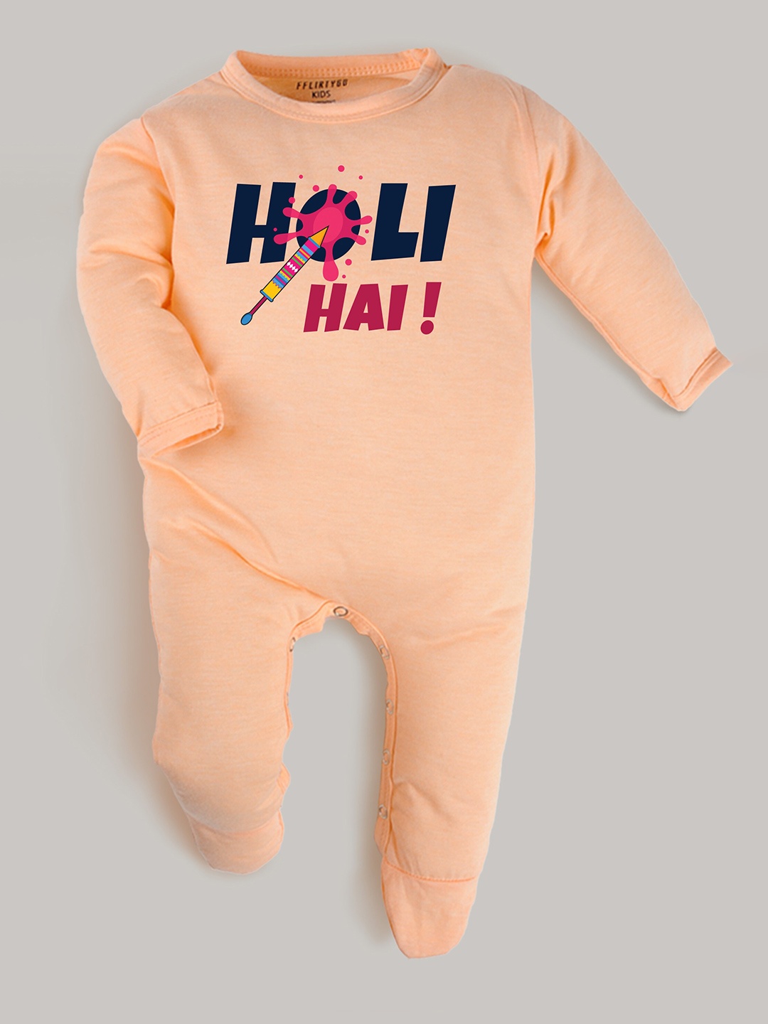 

FFLIRTYGO Infants Kids Holi Printed Pure Cotton Sleepsuit, Peach