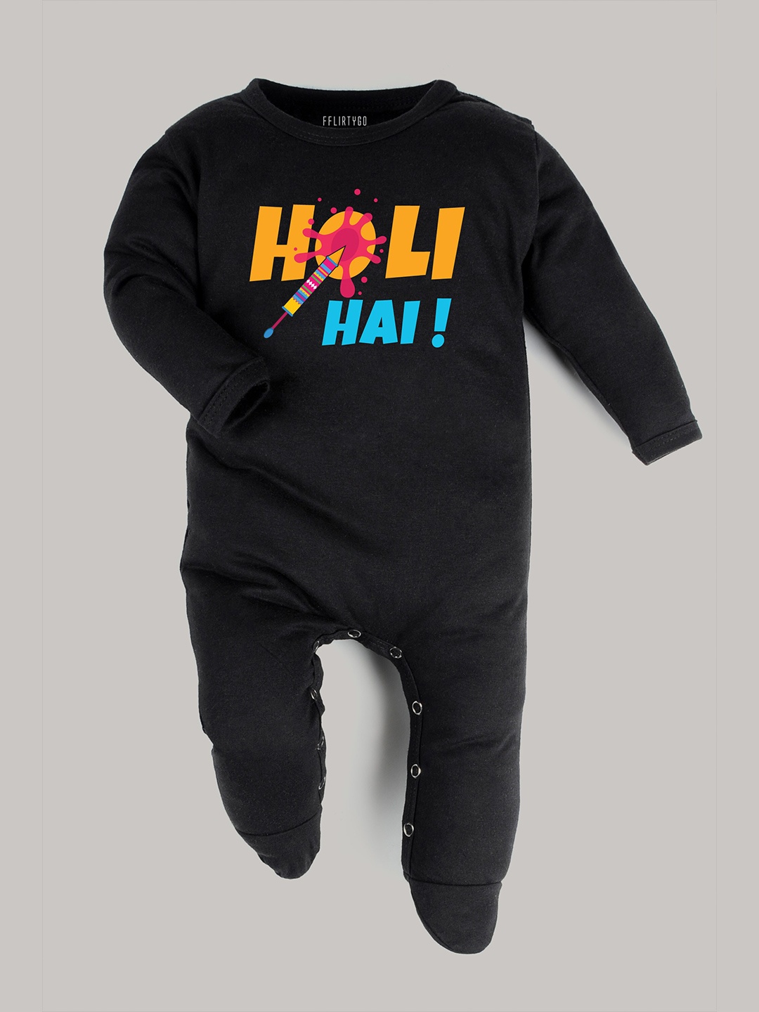 

FFLIRTYGO Infants Kids Holi Printed Pure Cotton Sleepsuit, Black