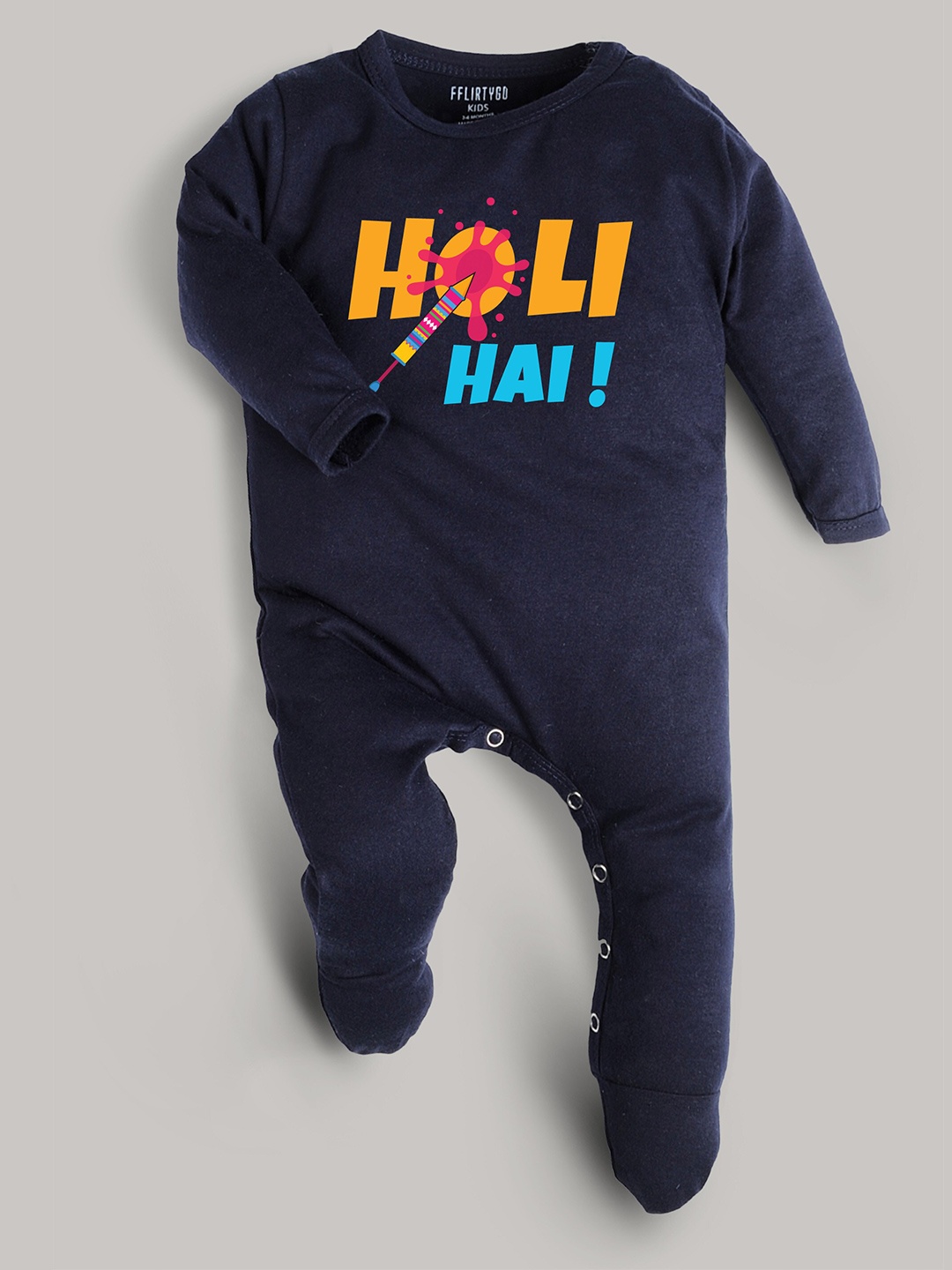 

FFLIRTYGO Infants Kids Holi Printed Pure Cotton Sleepsuit, Navy blue