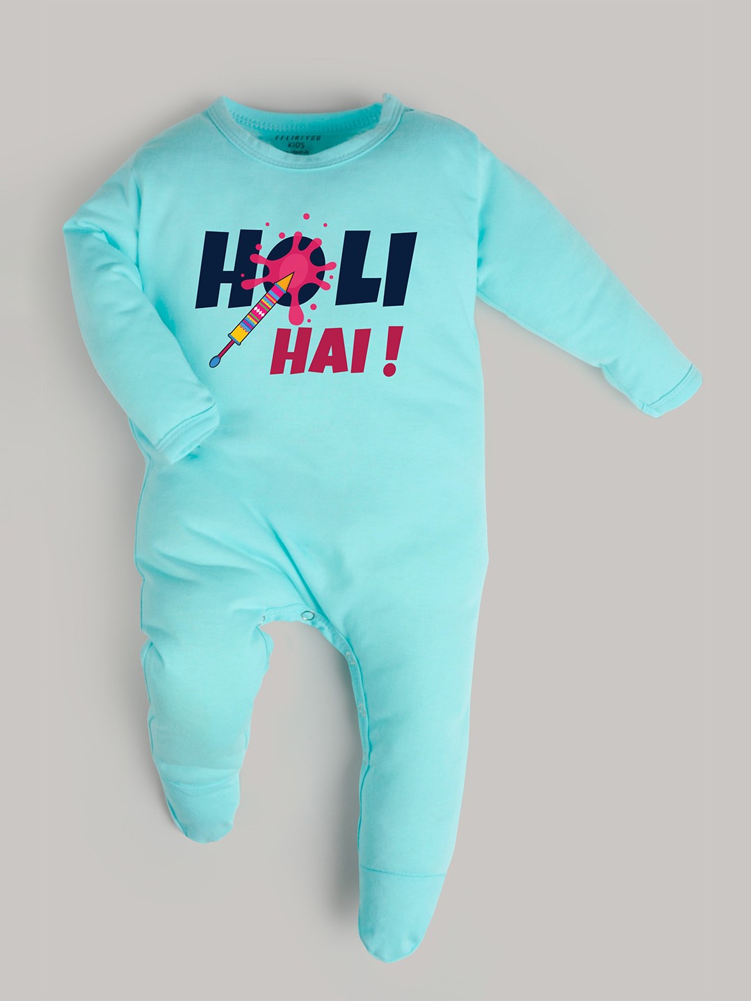 

FFLIRTYGO Infants Holi Printed Pure Cotton Sleepsuit, Turquoise blue