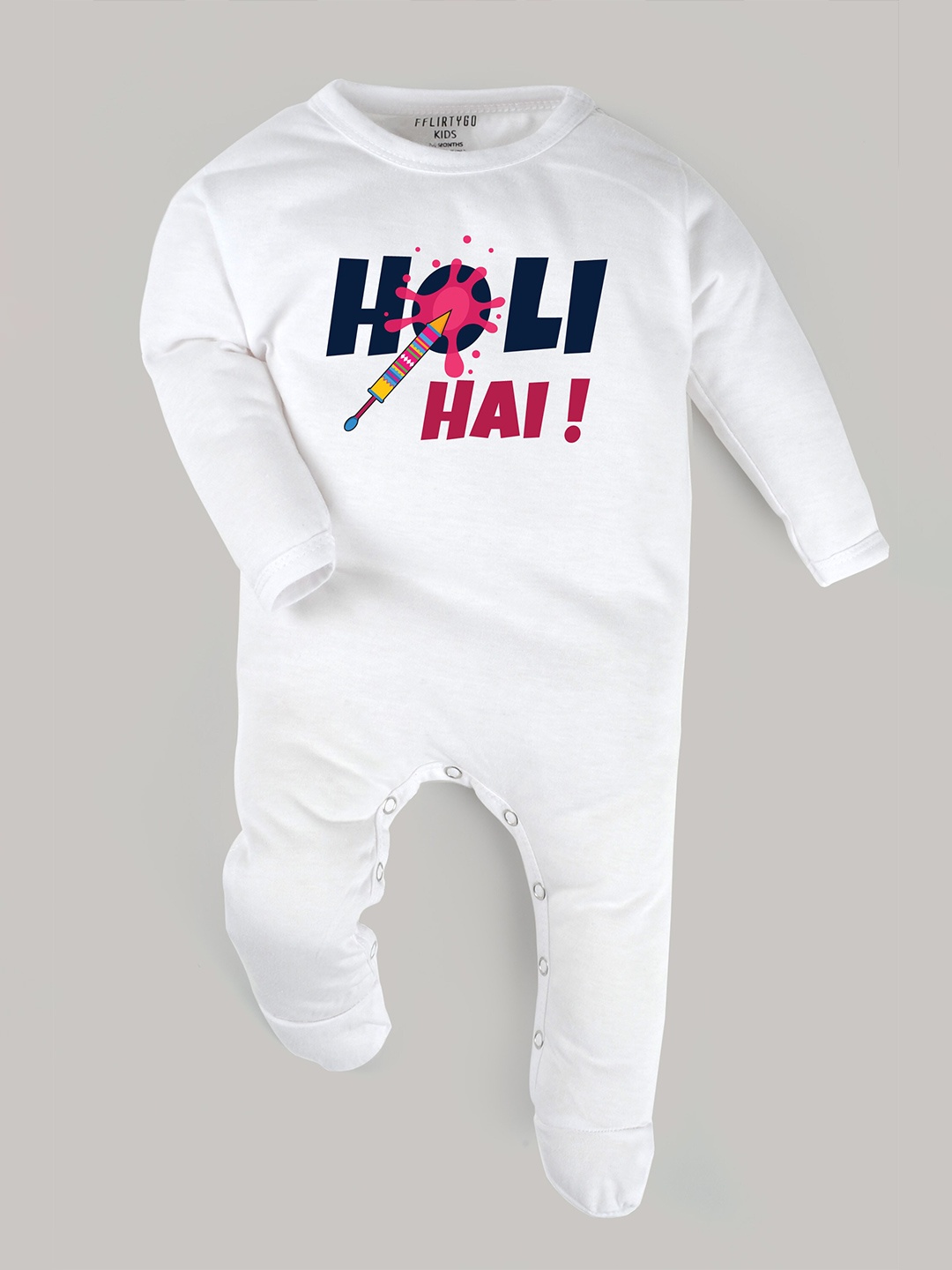 

FFLIRTYGO Infants Kids Holi Printed Pure Cotton Sleepsuit, White