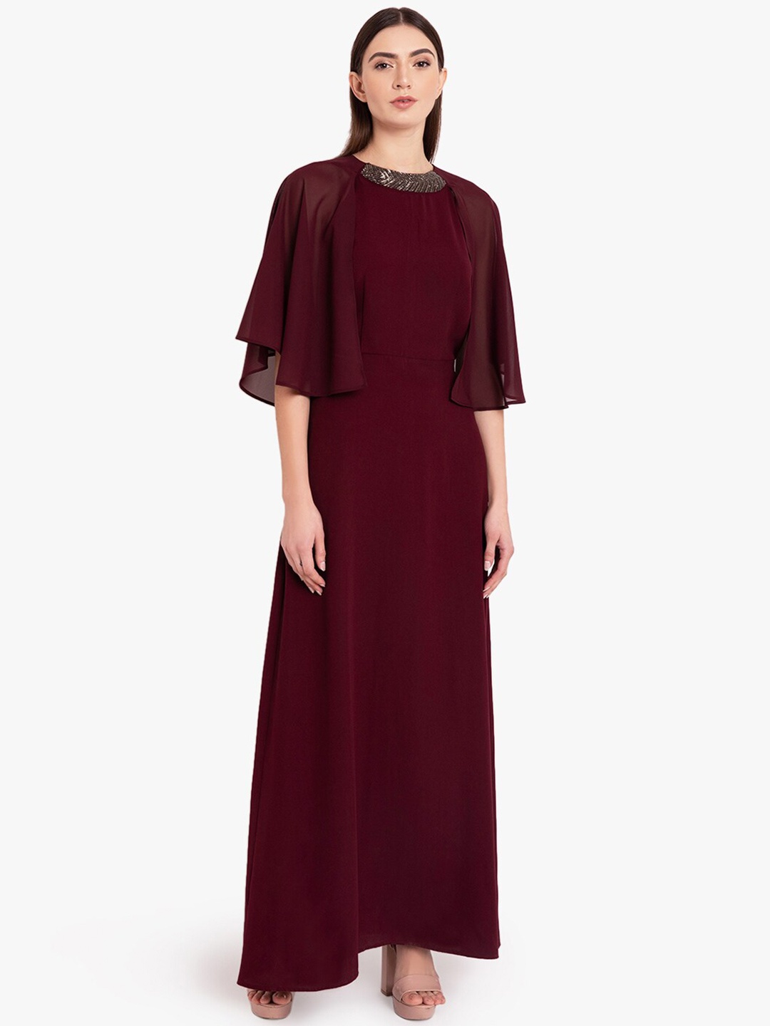 

Kazo Embellished Jewel Neck Cape Sleeves Maxi Dress, Maroon