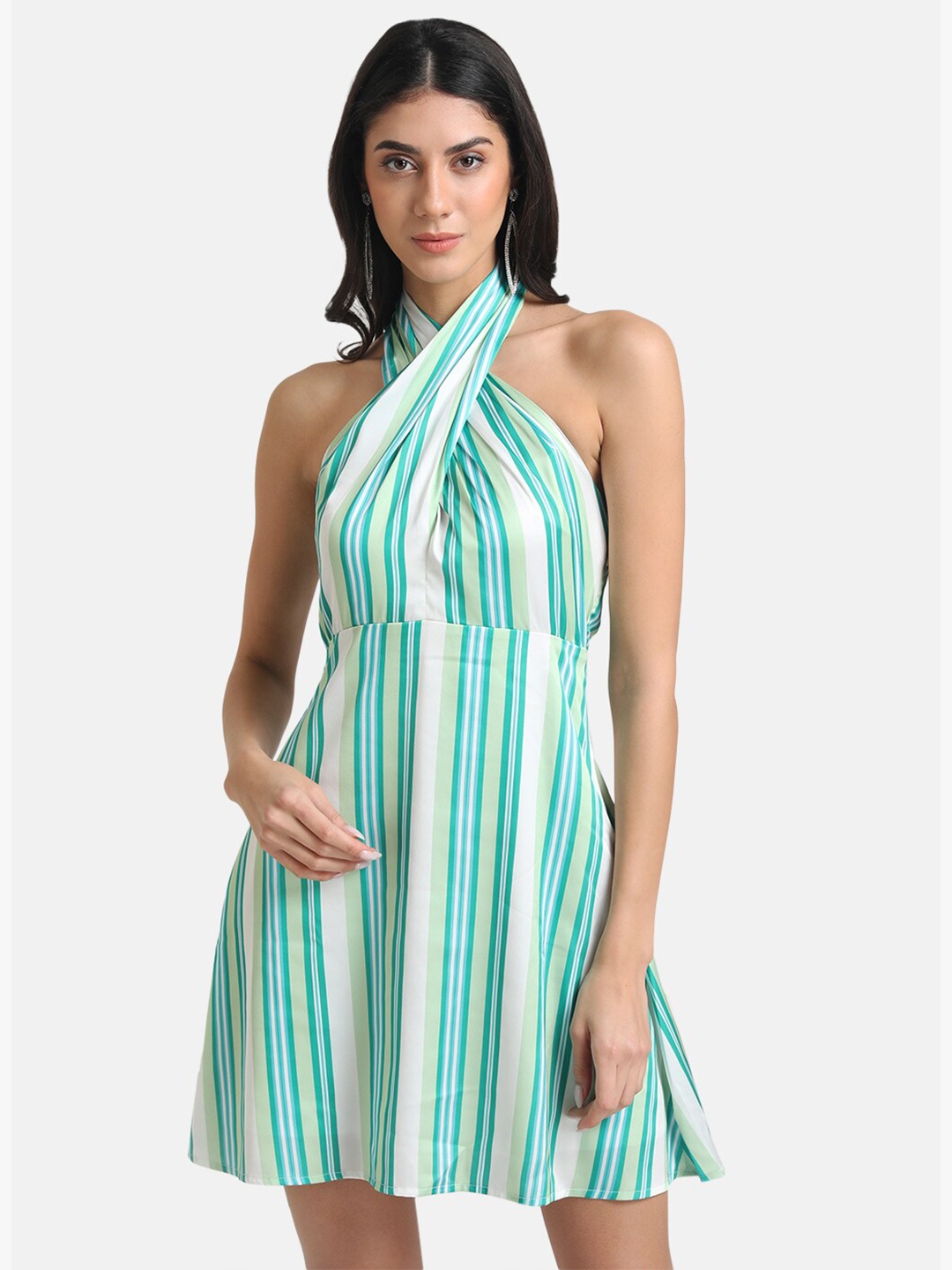 

Kazo Striped Halter Neck A-Line Mini Dress, Green