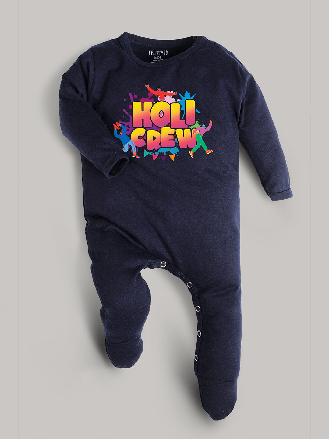 

FFLIRTYGO Kids Holi Printed Pure Cotton Sleepsuit, Navy blue