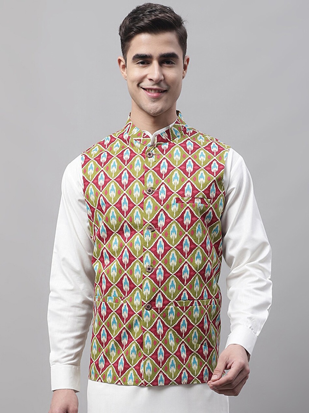 Jompers Men Printed Mandarin Collar Nehru Jackets, Olive
