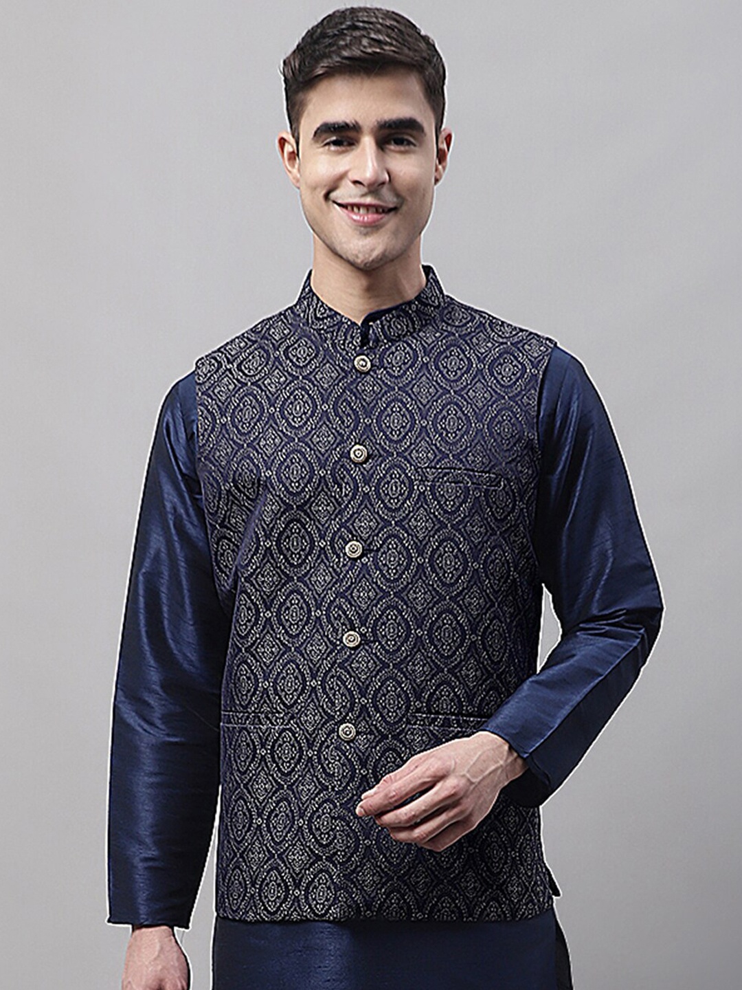 Jompers Men Woven Design Mandarin Collar Nehru Jackets, Navy blue