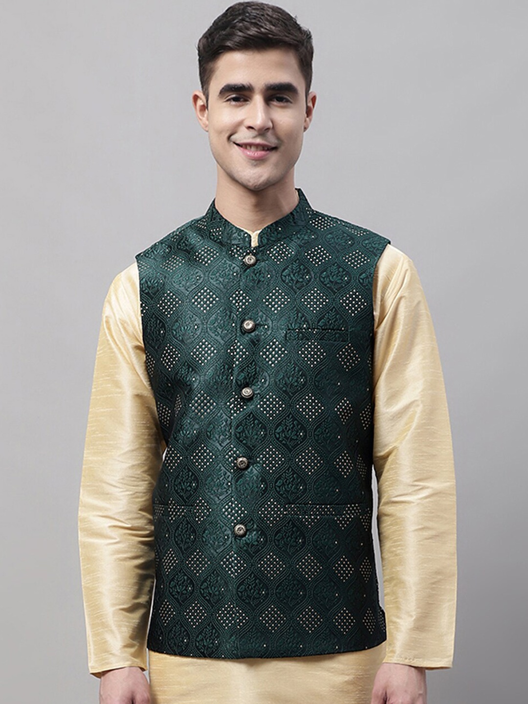 Jompers Men Woven Design Mandarin Collar Nehru Jackets, Olive