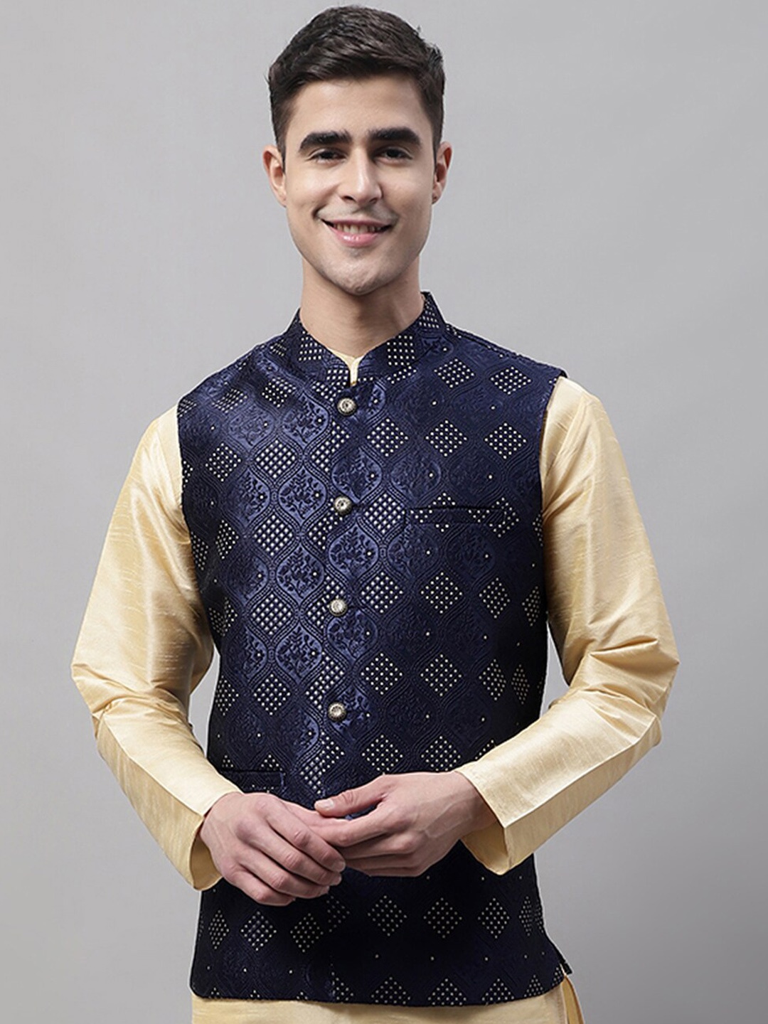 

Jompers Men Woven Design Mandarin Collar Nehru Jackets, Navy blue