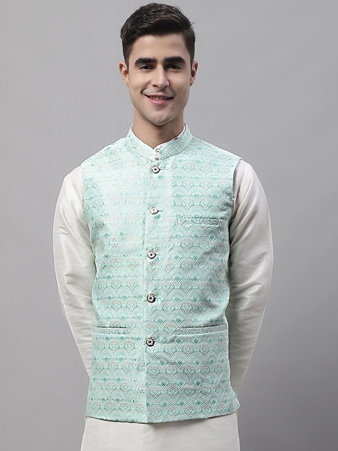 

Jompers Men Woven Design Mandarin Collar Nehru Jackets, Blue