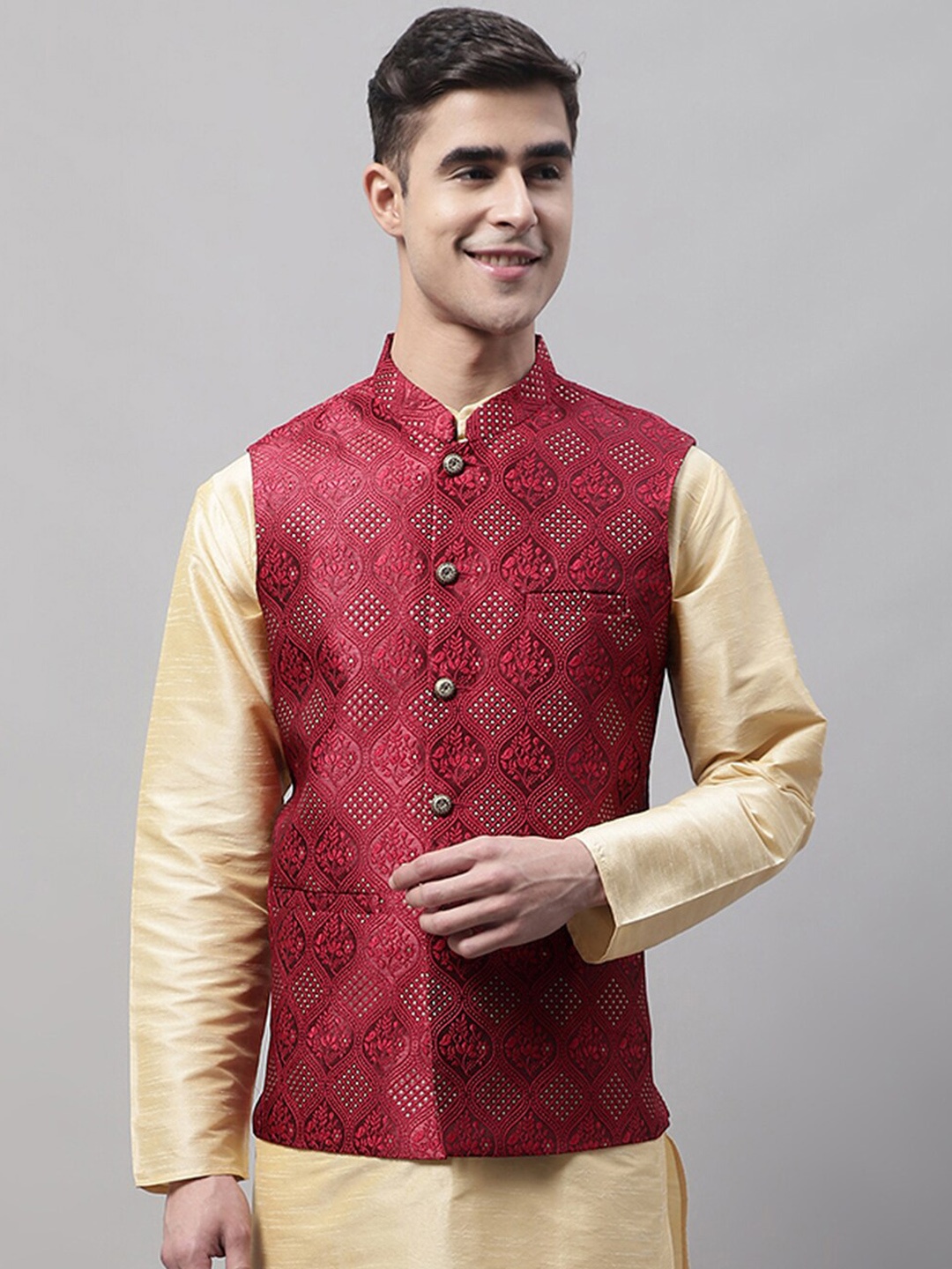Jompers Men Woven Design Mandarin Collar Nehru Jackets, Maroon