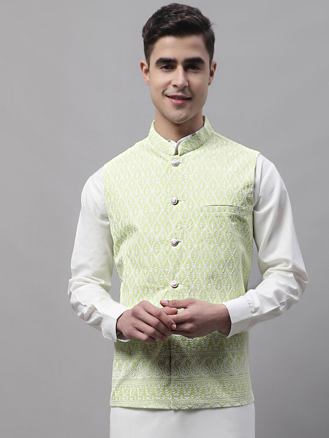 

Jompers Men Embroidered Cotton Nehru Jackets, Green
