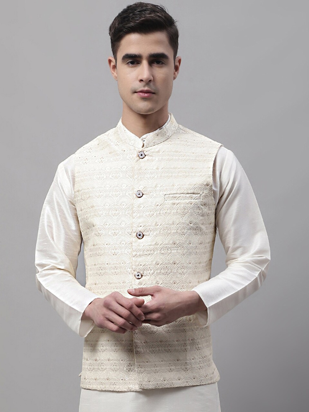 

Jompers Men Woven Design Nehru Jackets, Off white