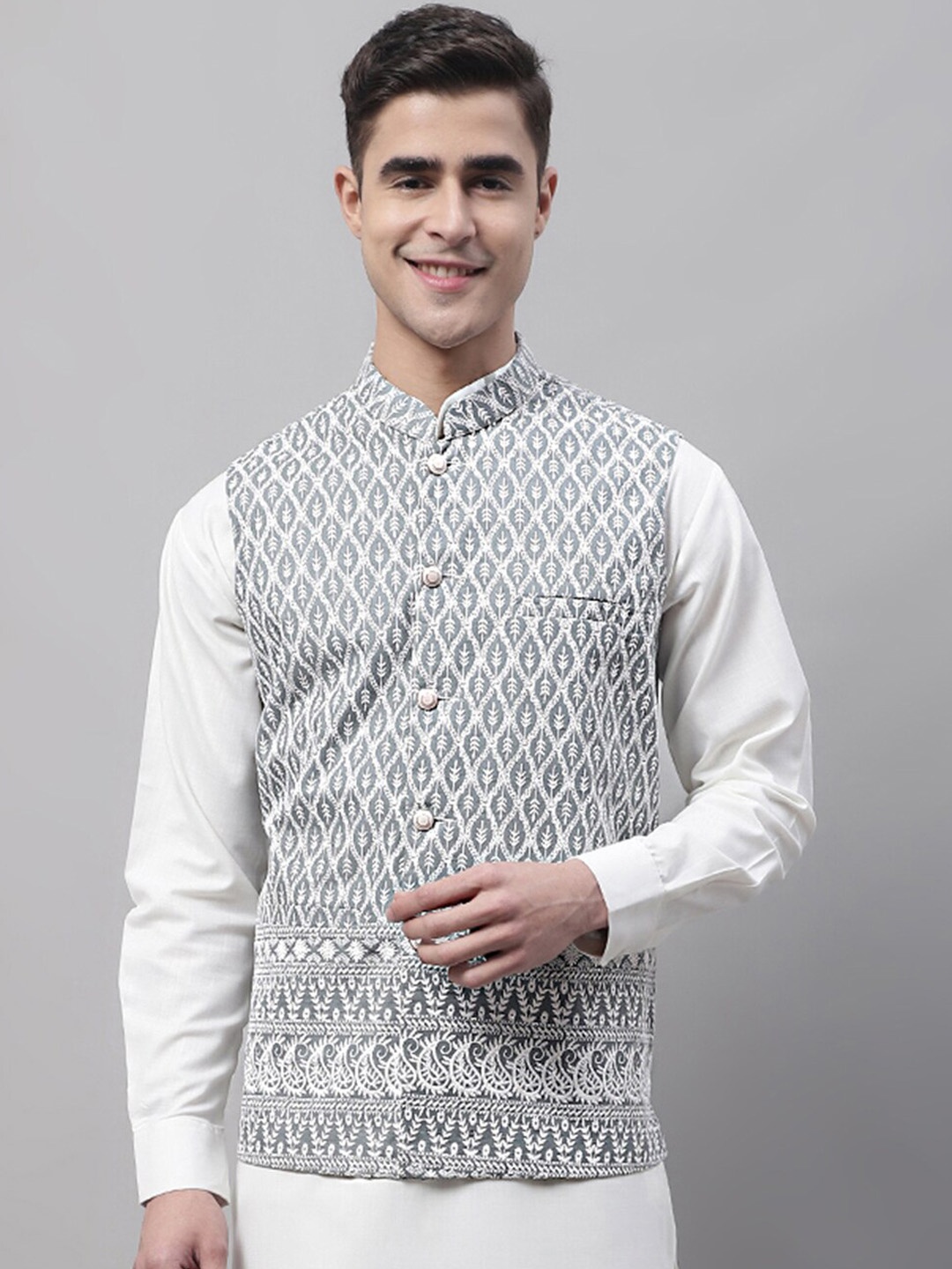 

Jompers Men Embroidered Cotton Nehru Jackets, Grey