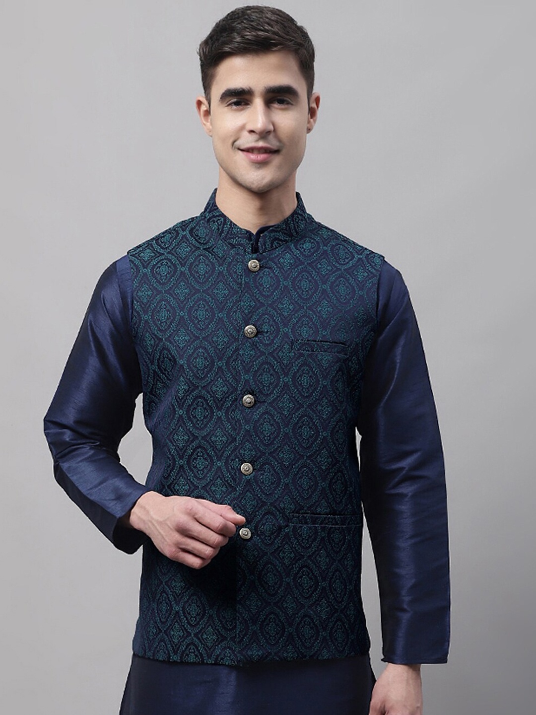 

Jompers Men Woven Design Nehru Jackets, Navy blue