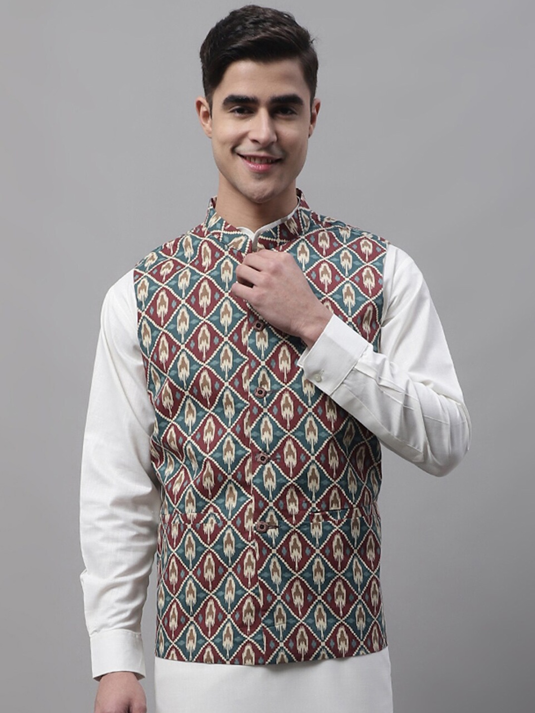 

Jompers Men Printed Nehru Jackets, Teal
