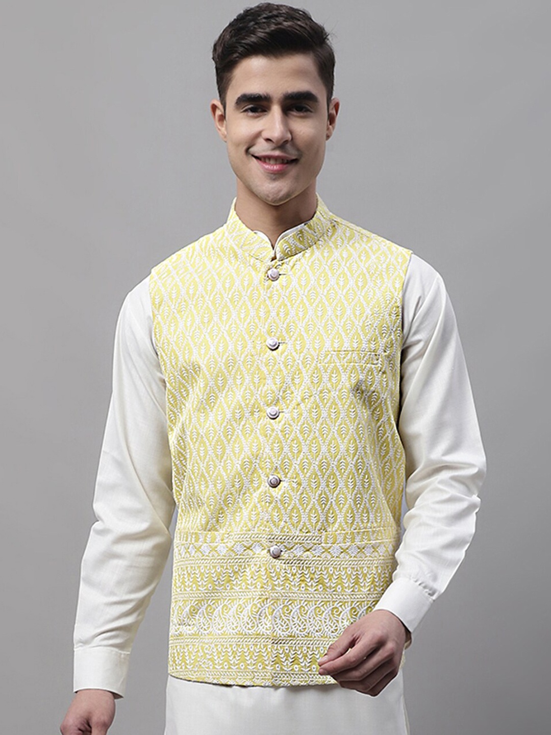 

Jompers Men Embroidered Cotton Nehru Jackets, Yellow