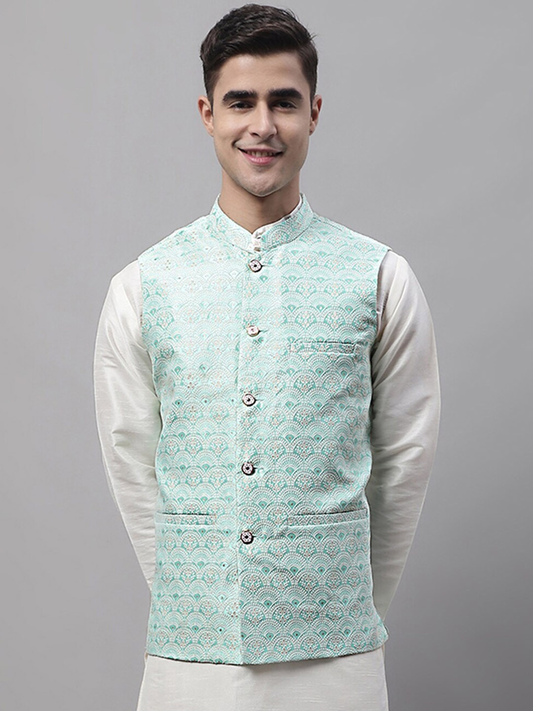 

Jompers Woven Design Nehru Jacket, Turquoise blue