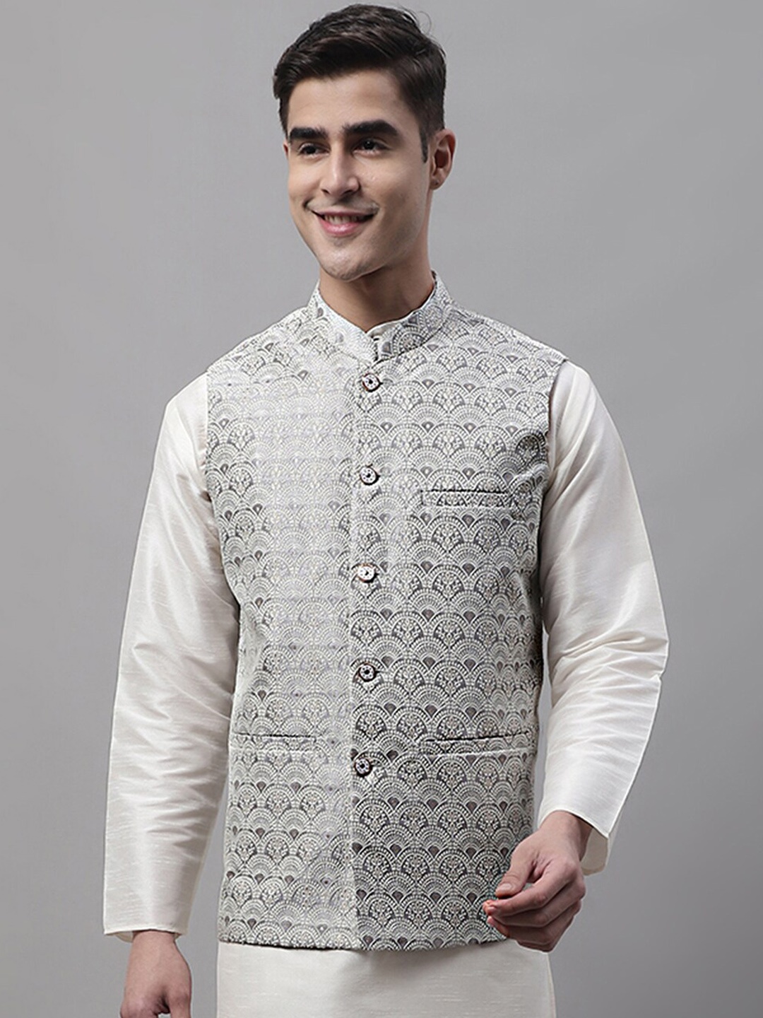 

Jompers Men Woven Design Mandarin Collar Nehru Jacket, Grey
