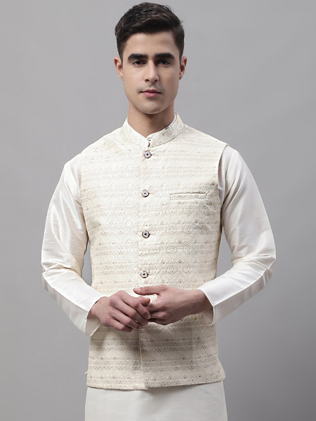 

Jompers Woven Design Nehru Jacket, Cream