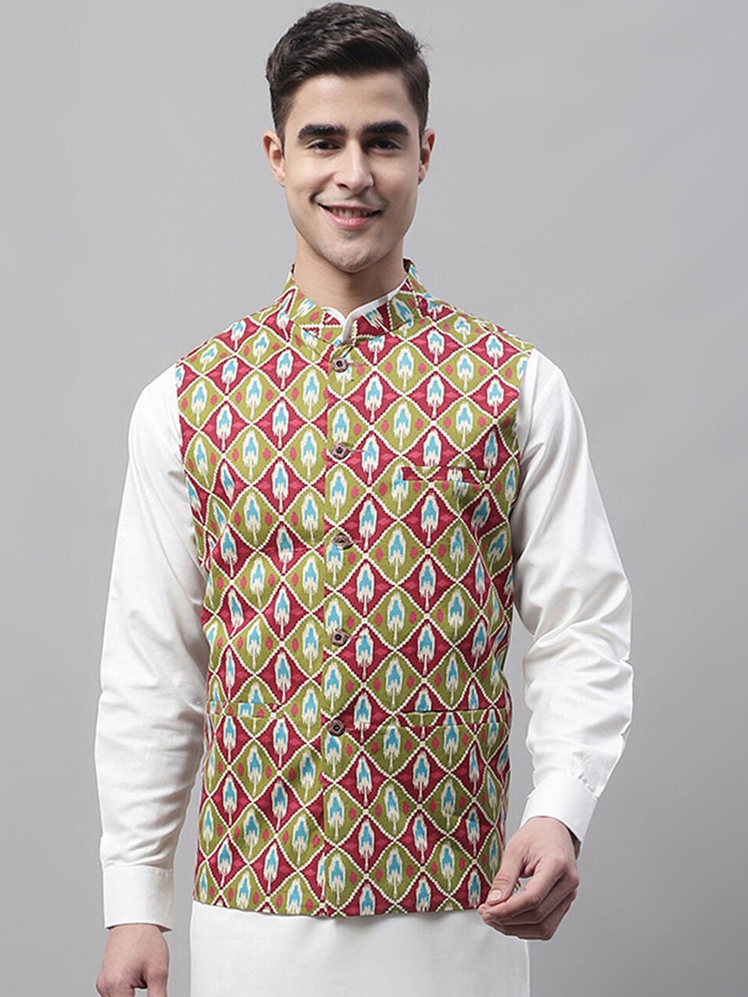 

Jompers Men Printed Nehru Jacket, Olive