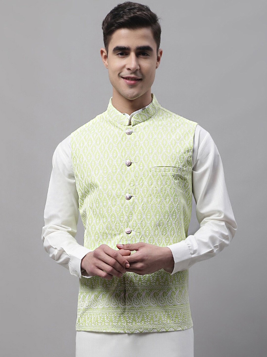 Jompers Men Embroidered Pure Cotton Nehru Jacket, Green