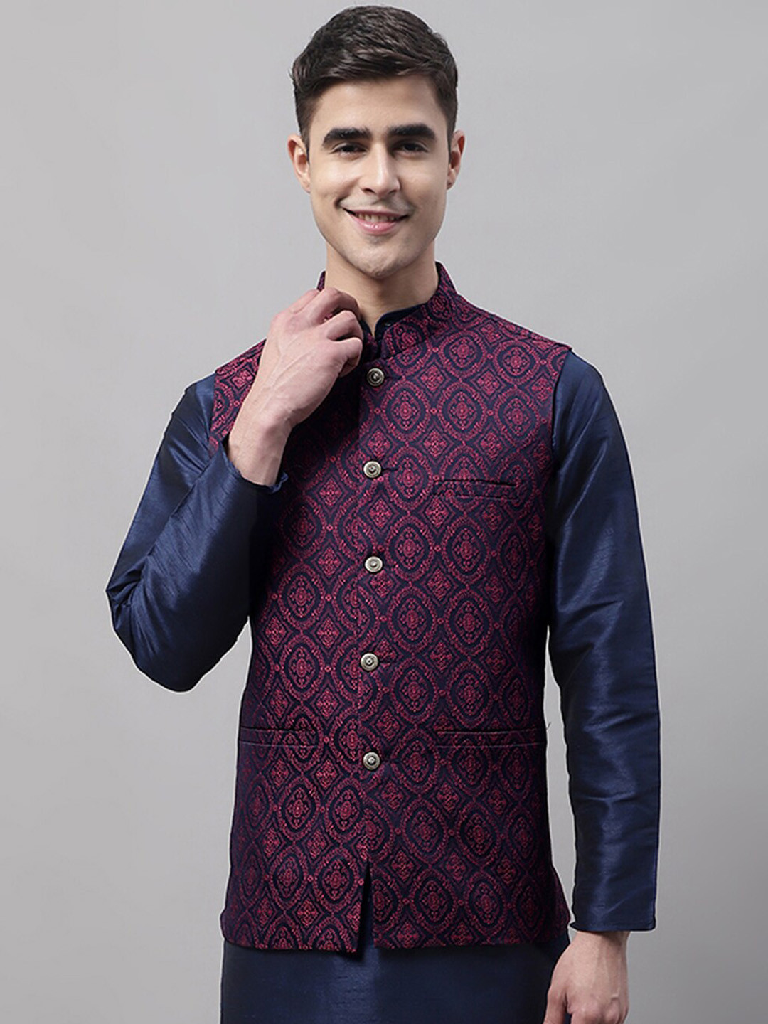 

Jompers Men Woven Design Nehru Jacket, Navy blue