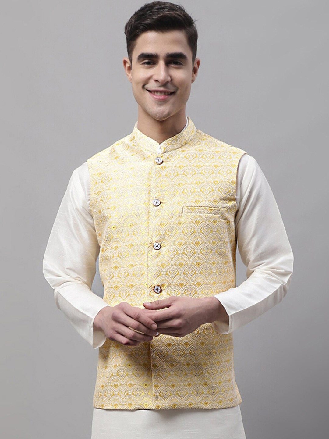 Jompers Men Woven Design Nehru Jacket, Yellow