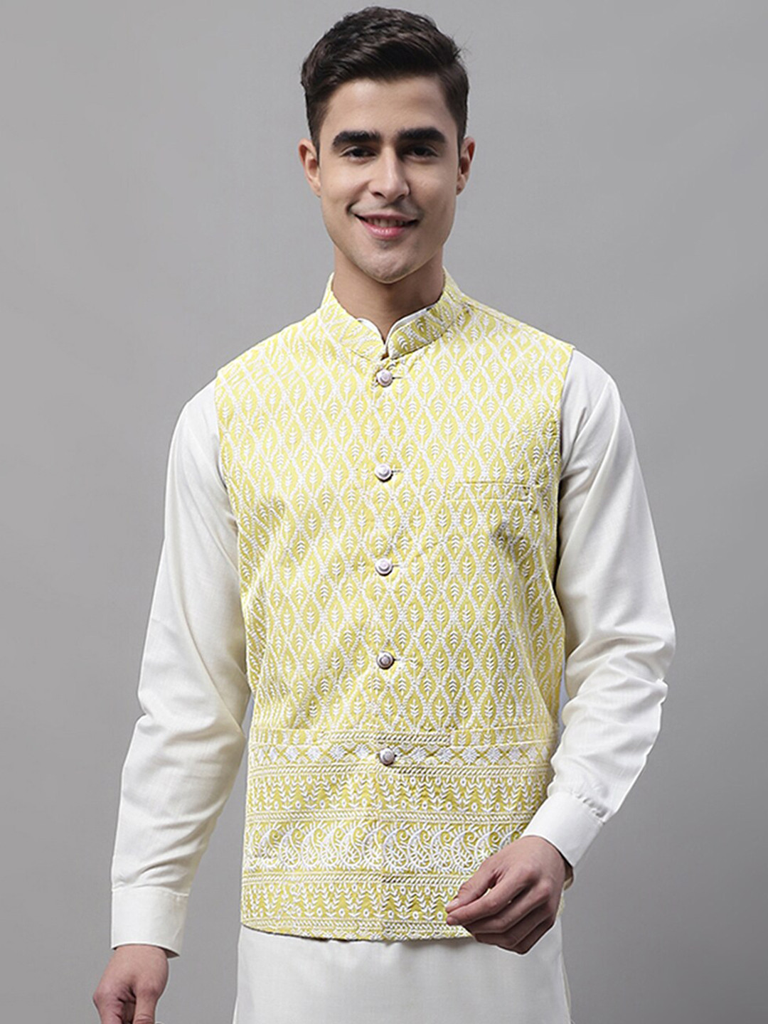

Jompers Men Embroidered Pure Cotton Nehru Jacket, Yellow