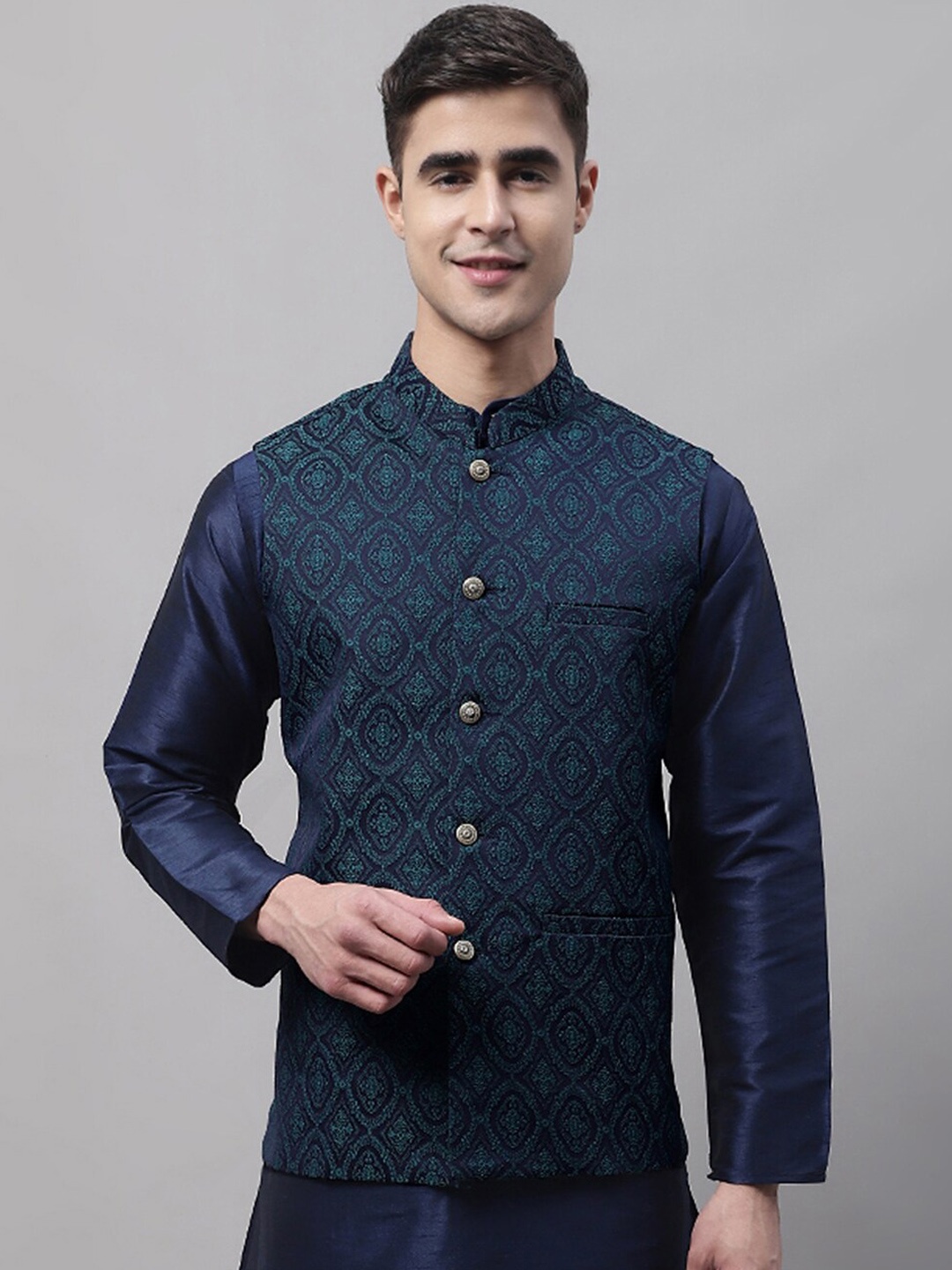

Jompers Men Woven Design Nehru Jacket, Navy blue