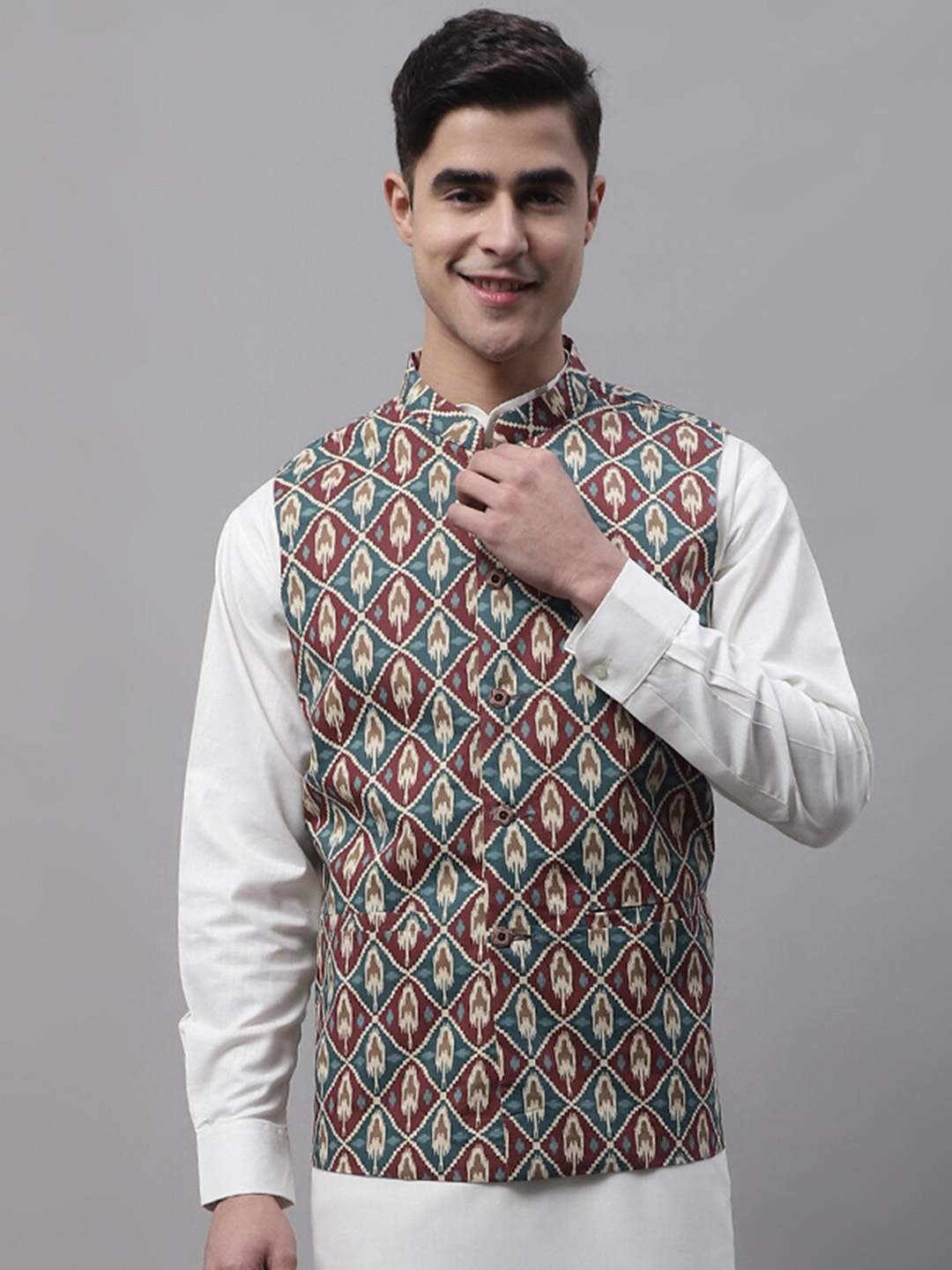 

Jompers Printed Nehru Jacket, Teal