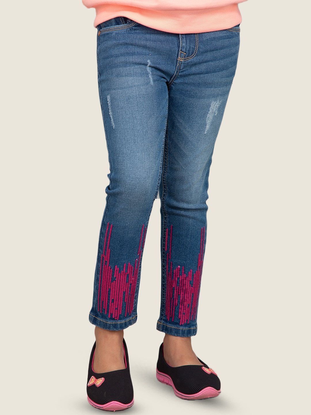 

Zalio Girls Skinny Fit Low Distress Light Fade Embroidered Jeans, Blue