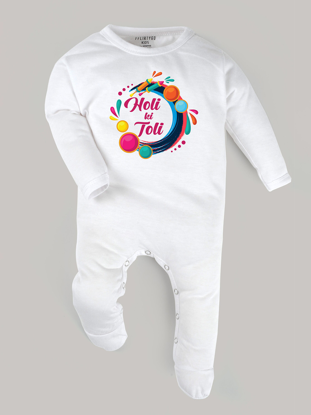 

FFLIRTYGO Infants Holi Printed Pure Cotton Rompers, White