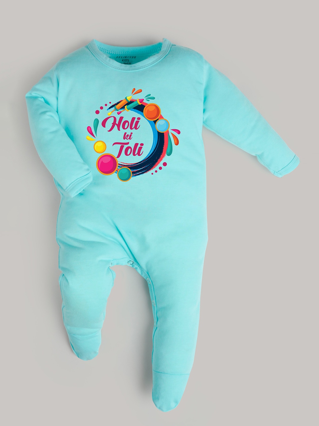 

FFLIRTYGO Kids Holi Printed Pure Cotton Sleepsuit, Turquoise blue