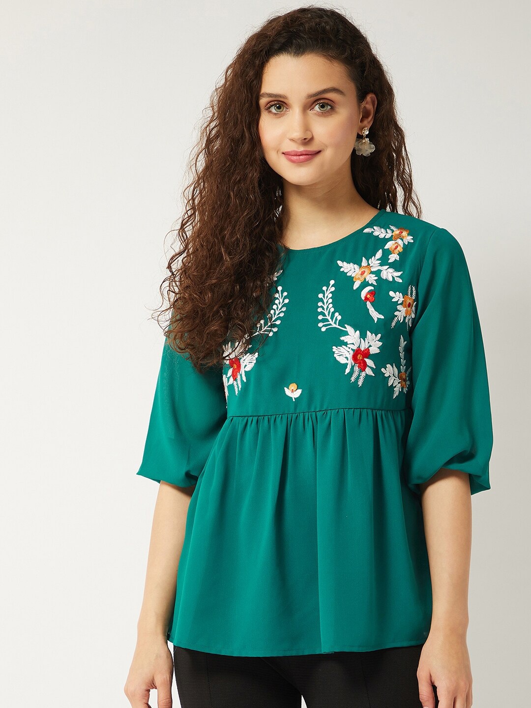 

Pannkh Floral Embroidered Georgette Top, Green