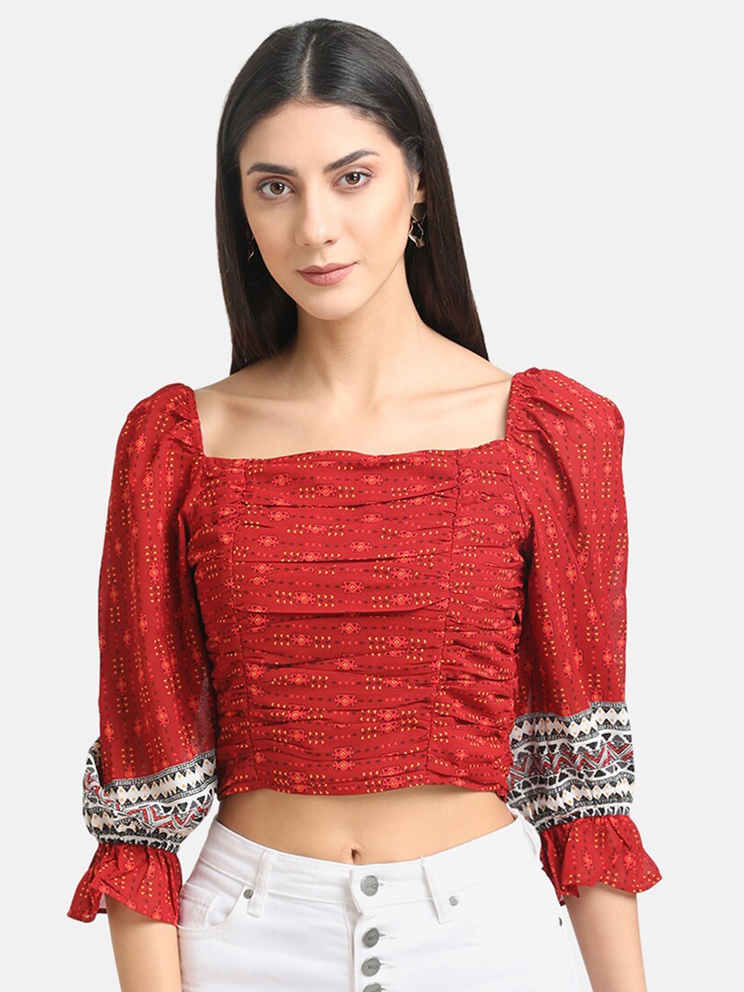 

Kazo Red Ethnic Motifs Printed Gathers Smoking Crop Top
