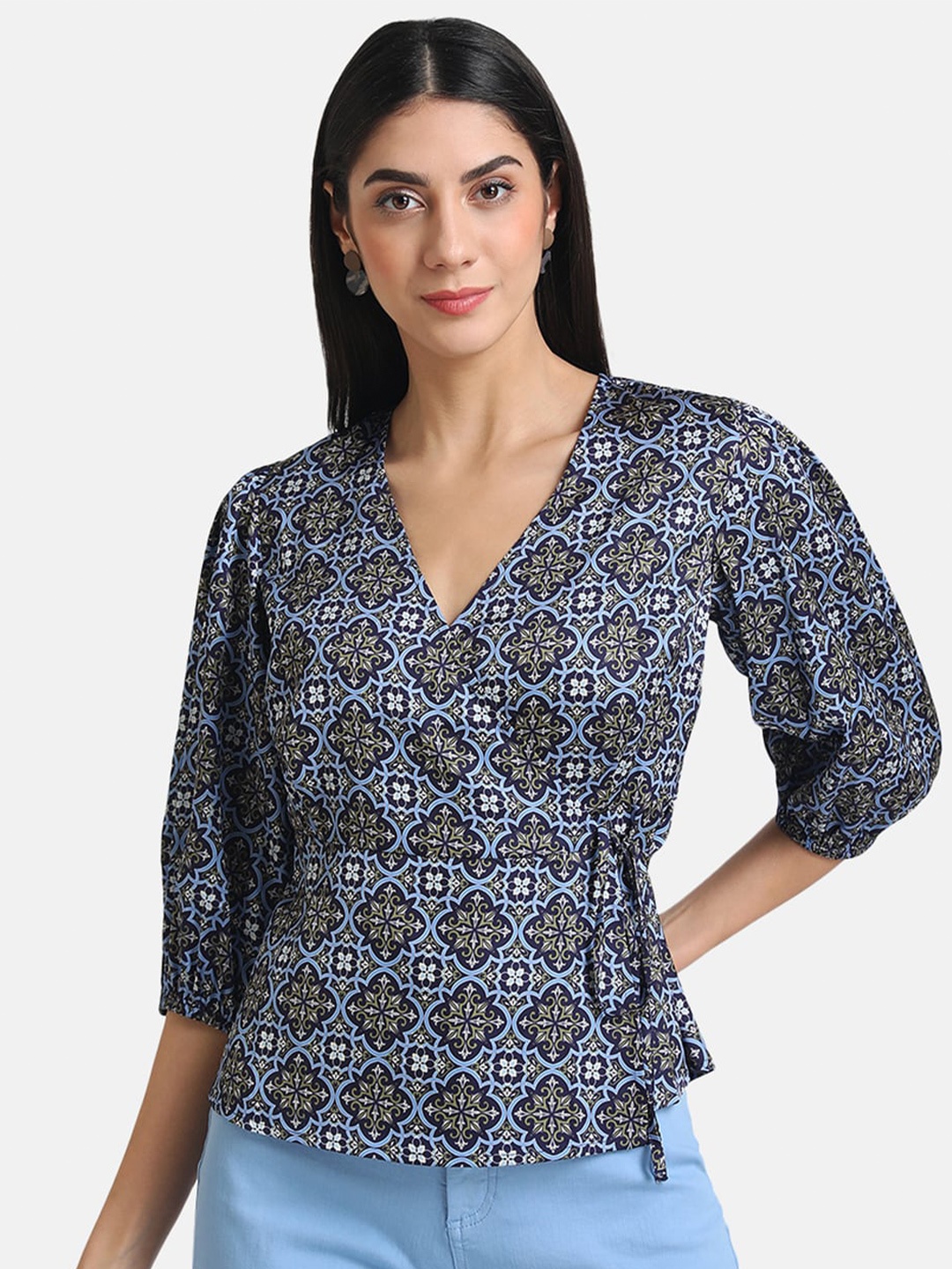 

Kazo V-Neck Ethnic Motifs Print Wrap Top, Blue