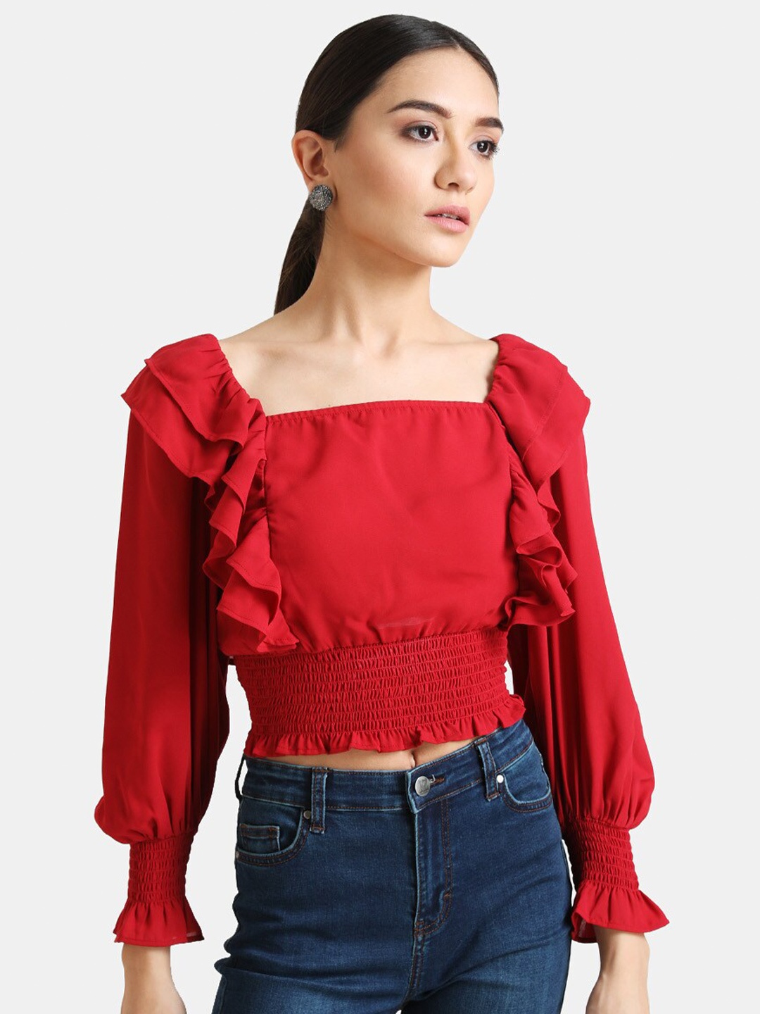 

Kazo Square Neck Puff Sleeves Smocked Crop Top, Red