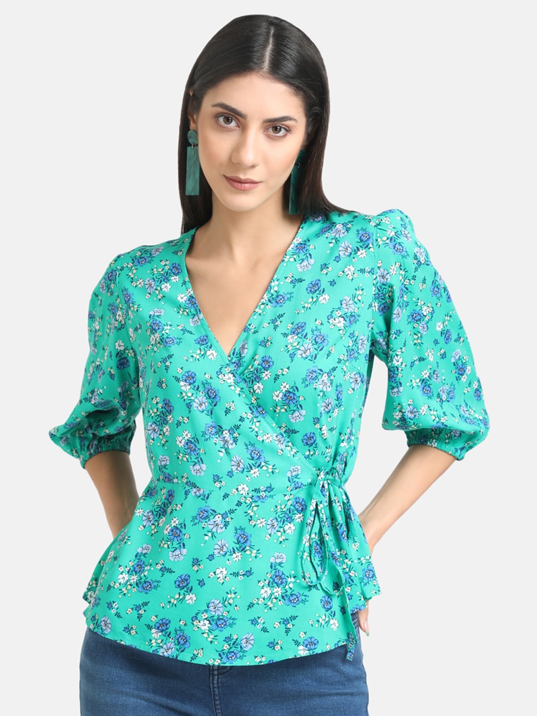 

Kazo Floral Printed Puff Sleeve Wrap Top, Sea green