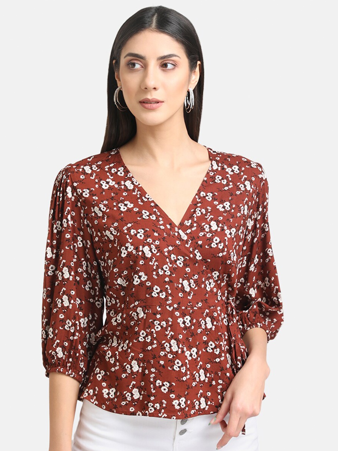 

Kazo Floral Printed Wrap Top, Brown