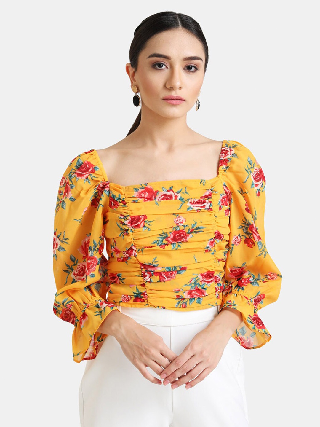 

Kazo Floral Print Smocked Crop Top, Yellow