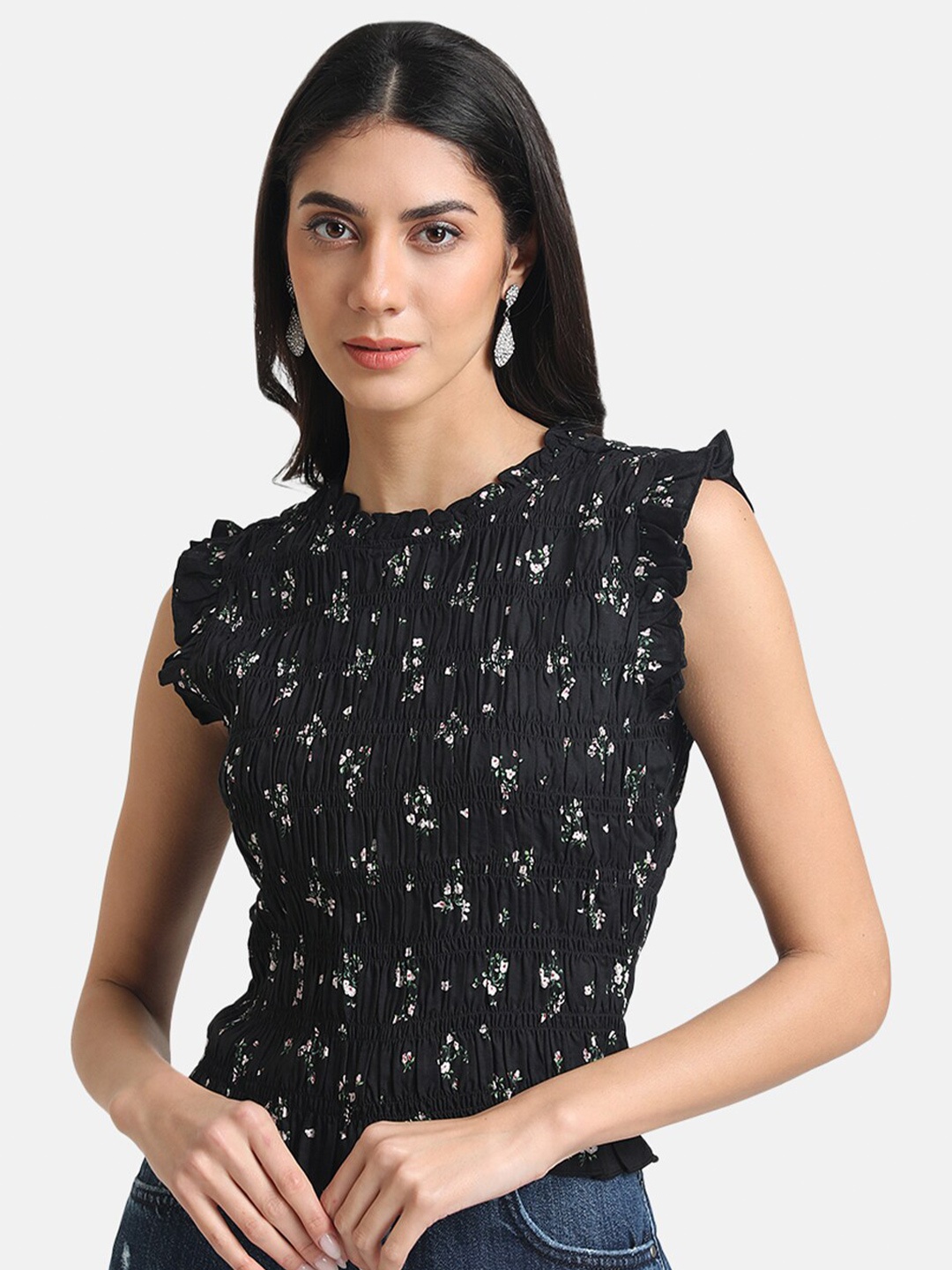 

Kazo Floral Printed Smocked Sleeveless Top, Black