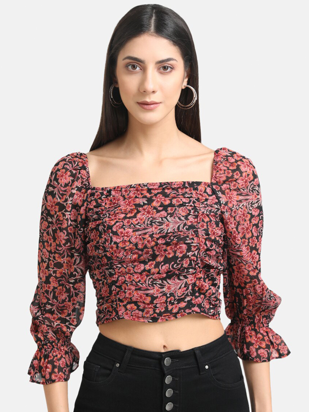 

Kazo Floral Printed Square Neck Smocked Crop Top, Black
