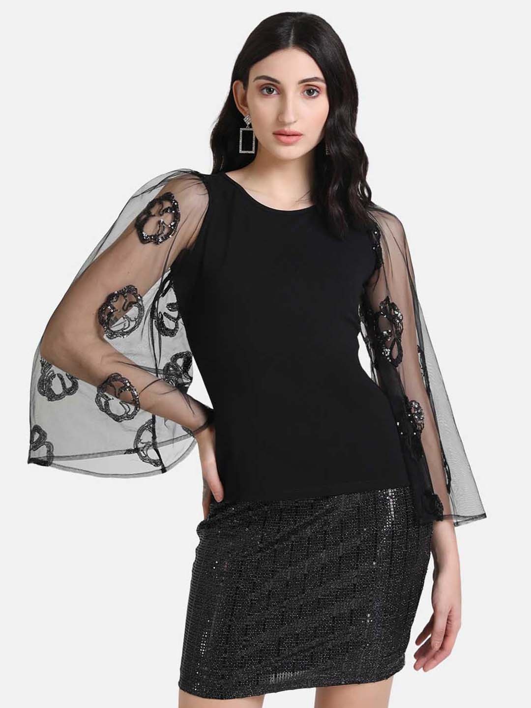 

Kazo Round Neck Flared Sleeves Sequinned Fitted Top, Black