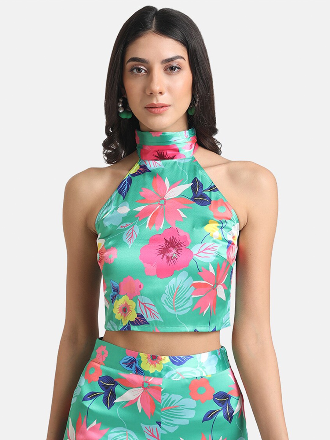 

Kazo Floral Printed Chocker Neck Smocked Crop Top, Green