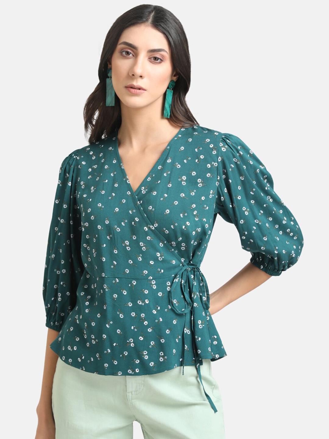 

Kazo Floral Printed Wrap Top, Green